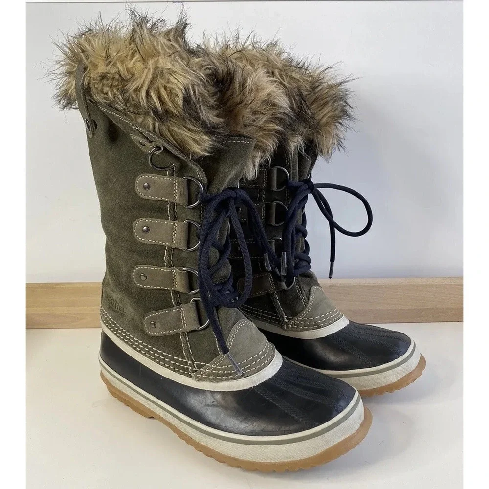 Sorel Joan Of‎ Arctic Waterproof Faux Fur Snow Boots Sz 7 Green/Black NL1540-383